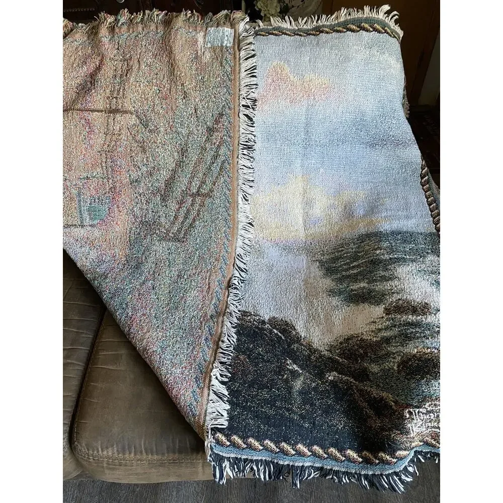 Thomas Kincade Woven Tapestry USA Lighthouse Scene Heavyweight 65 X 44